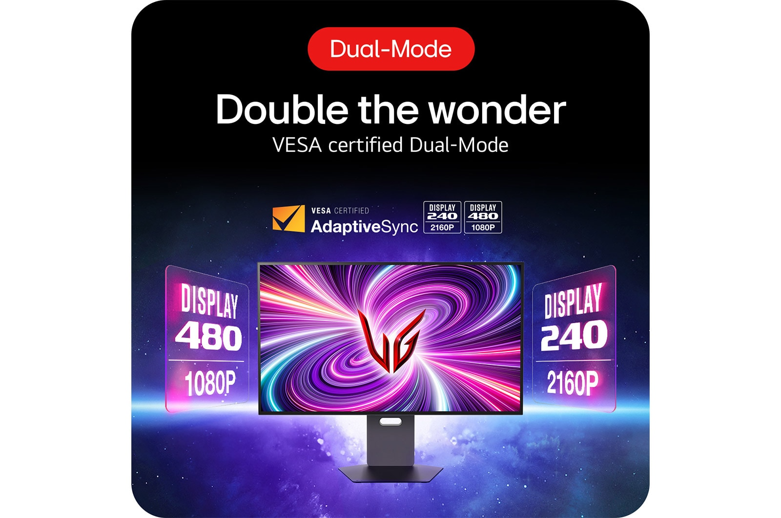 Egy monitor élénk színeket és grafikákat jelenít meg. A szöveg a 'Double the wonder' és a 'VESA certified Dual-Mode' feliratot hirdeti.