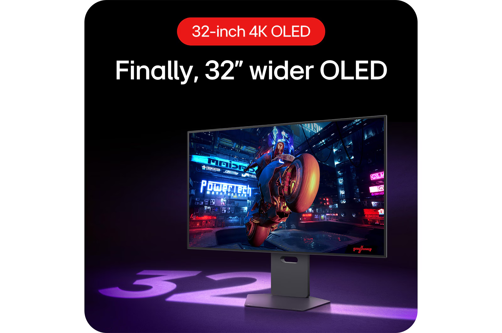Egy 32 hüvelykes OLED monitor, amely játékfelvételeket jelenít meg.