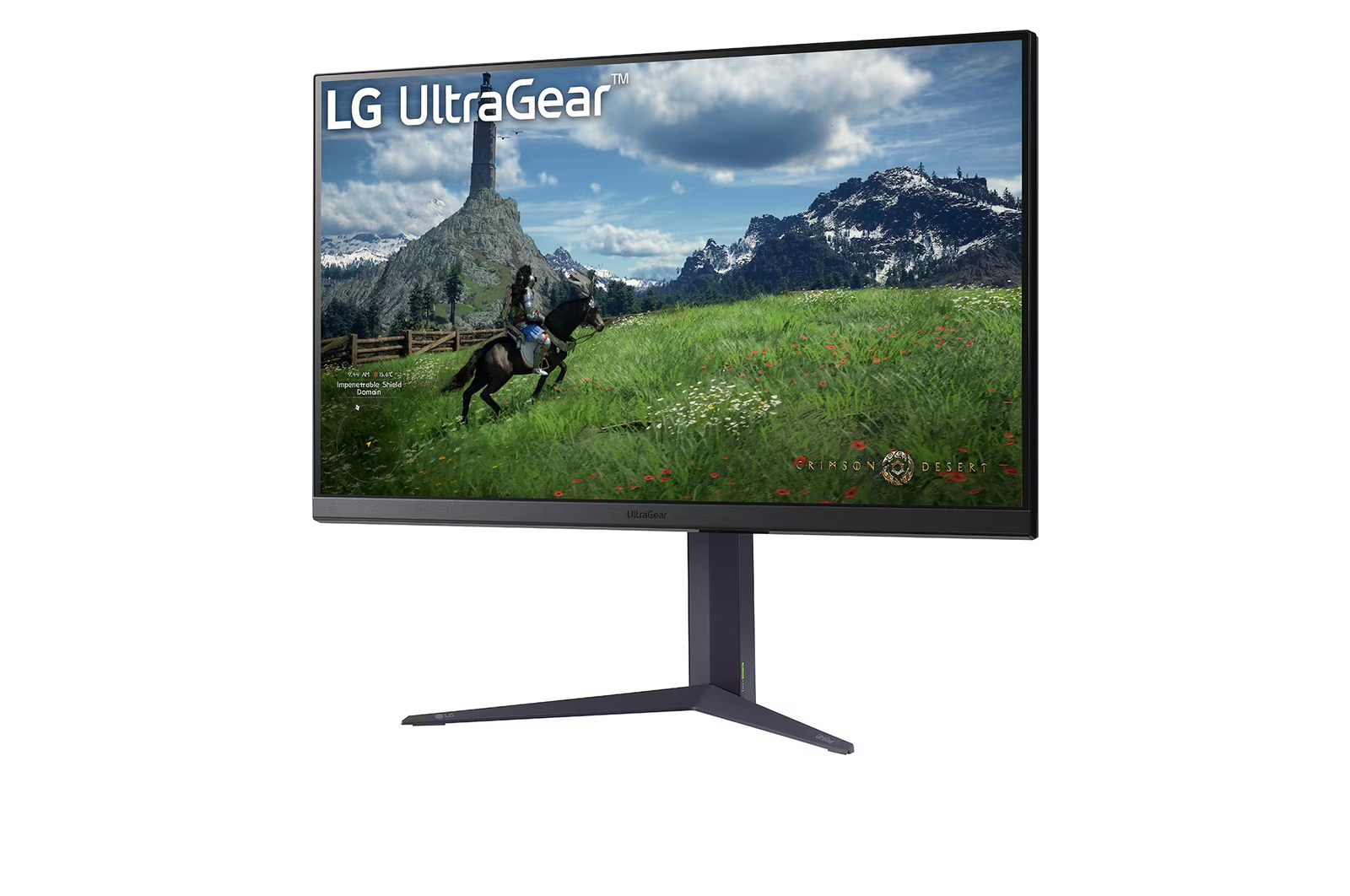 LG UltraGear monitor játékjelenettel. Lóháton egy ember a mezőn, hegyek a háttérben.