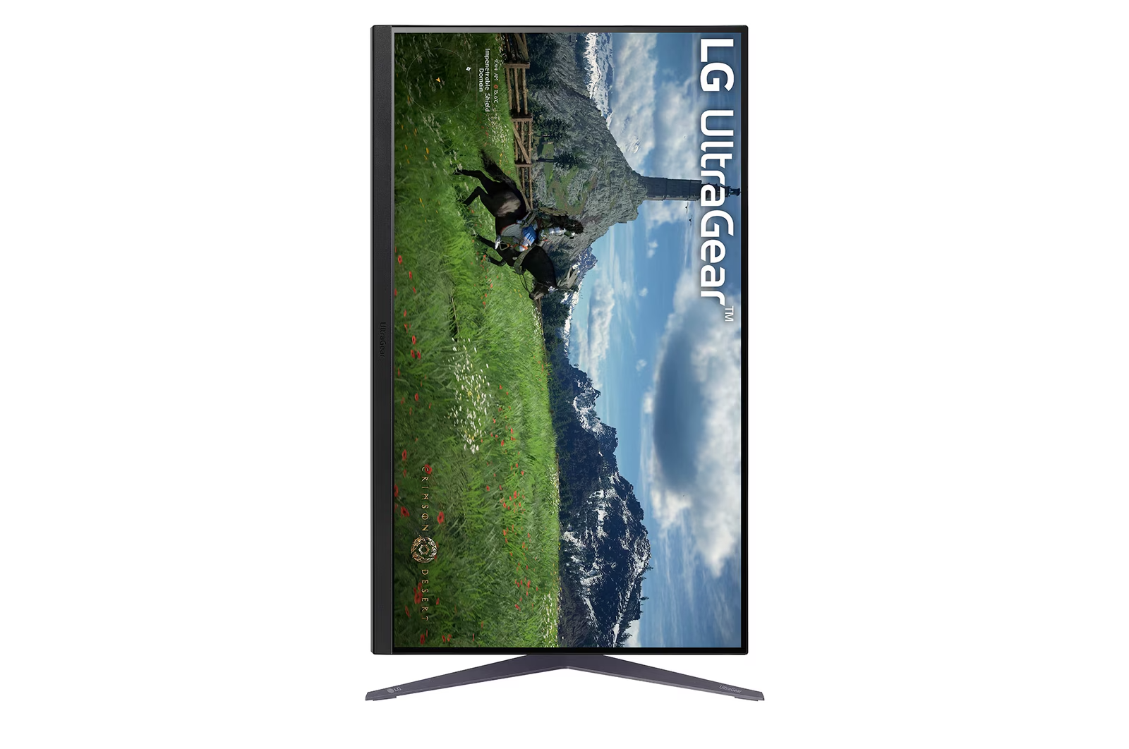 Egy LG UltraGear monitor, egy mező és két lovas képével.