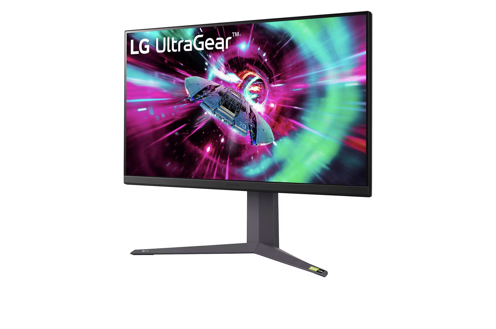 Egy szürke LG UltraGear monitor egy űrhajós jelenetet jelenít meg, fehér háttérrel.