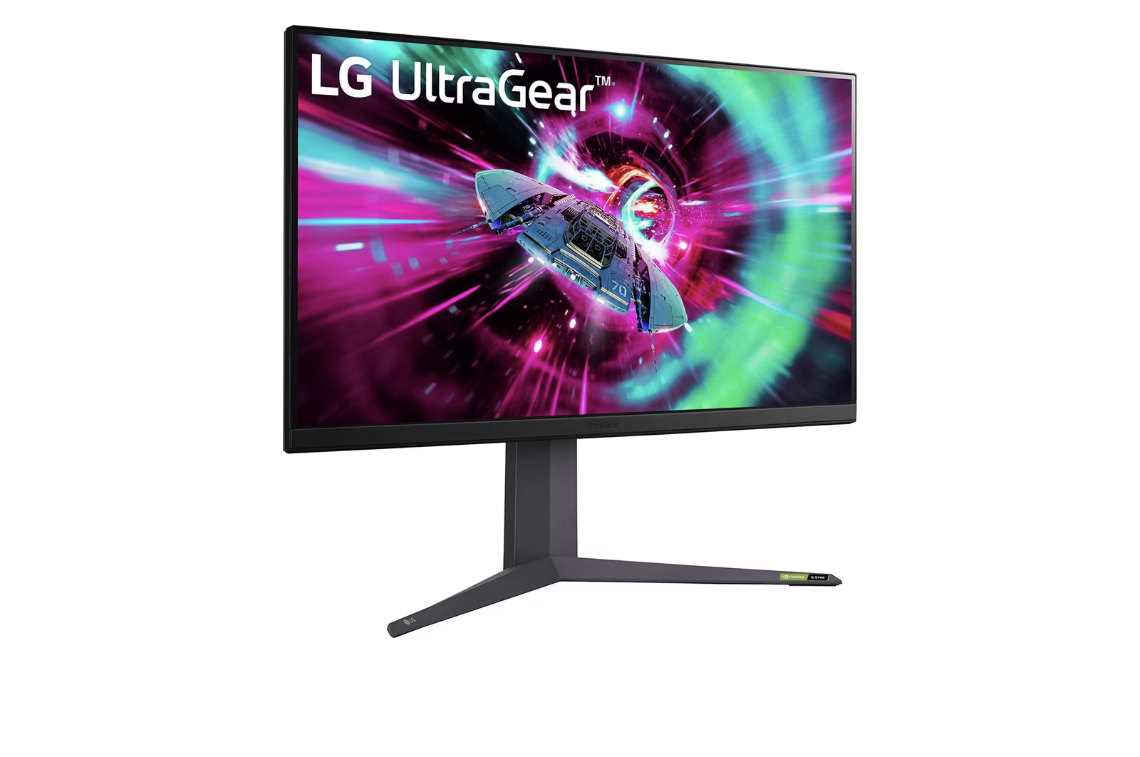 LG Ultragear játékmonitor színes űrjelenetet jelenít meg űrhajóval.