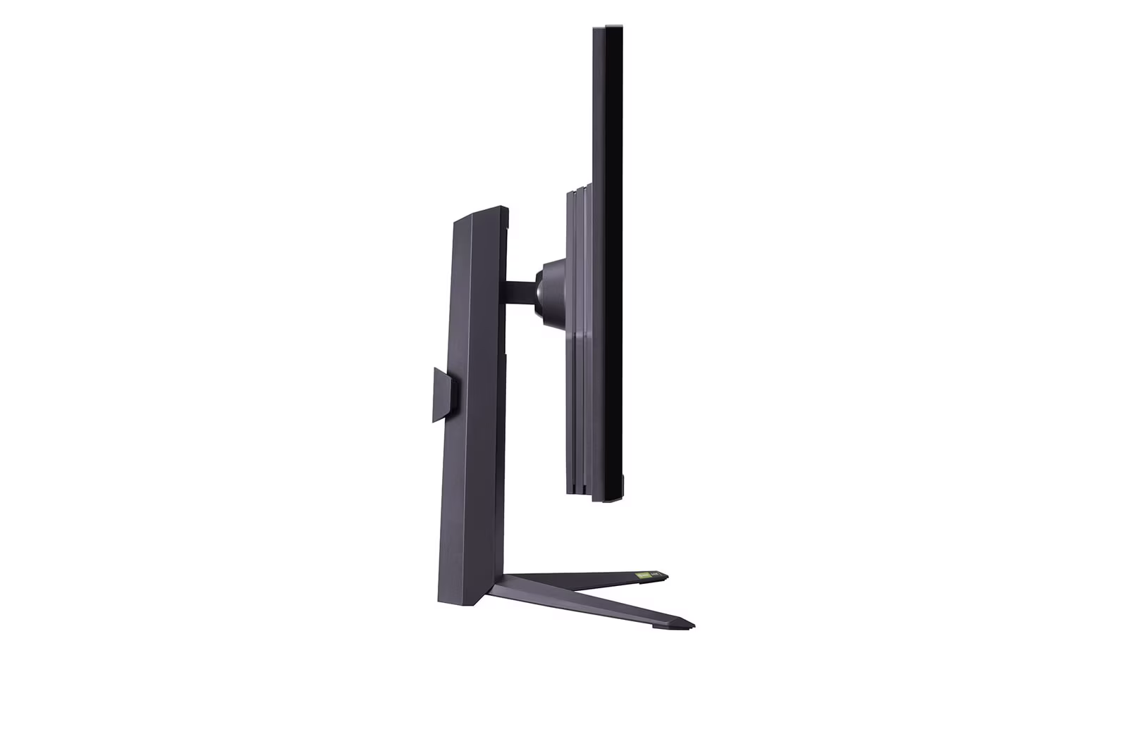 Egy szürke LG UltraGear monitor oldalsó nézete fehér háttérrel.