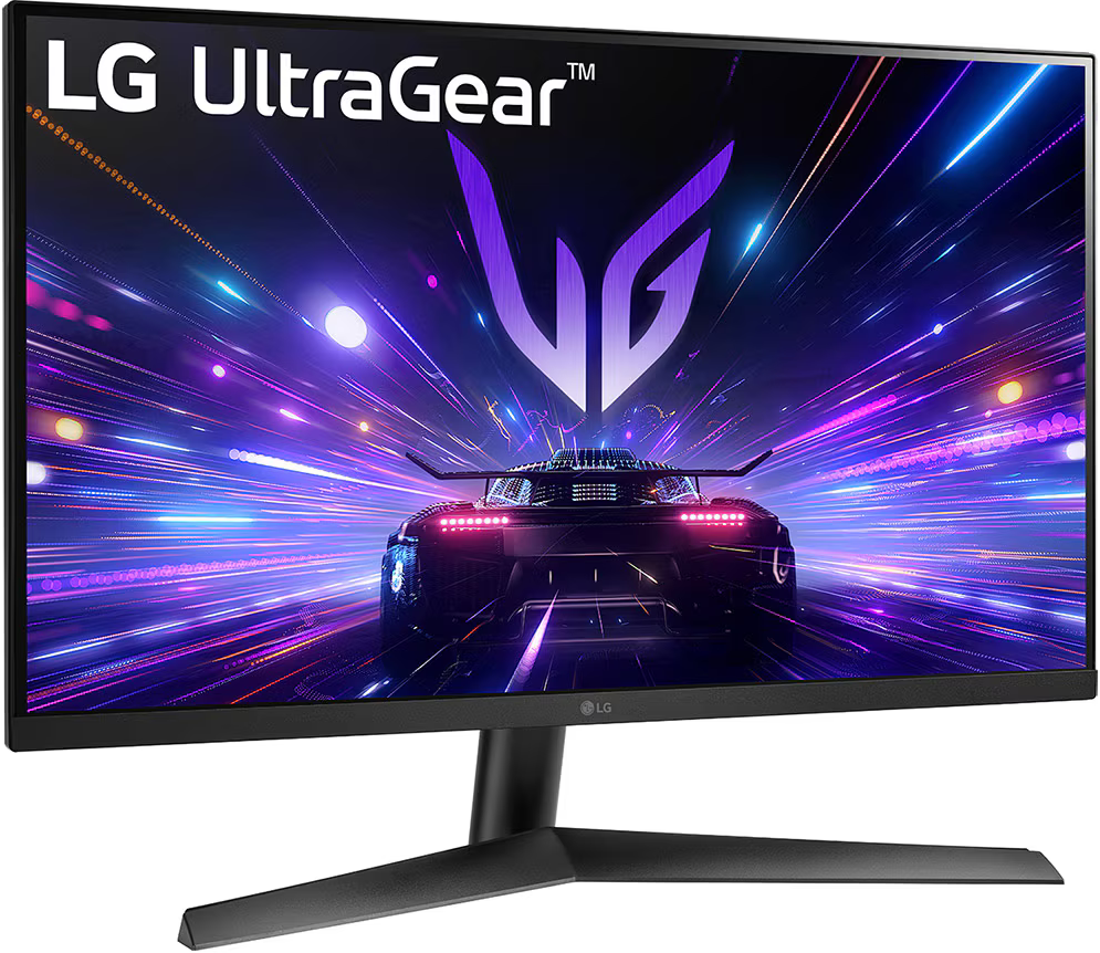 LG UltraGear monitor, lila és kék fényekkel, versenyautós jelenettel.