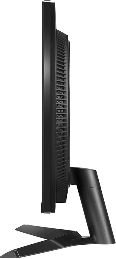 Fekete számítógép monitor oldalsó nézete állvánnyal. A monitor karcsú és modern.