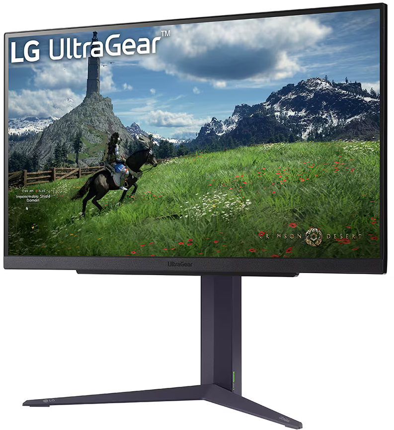 LG UltraGear játékmonitor, lovassal és hegyekkel.