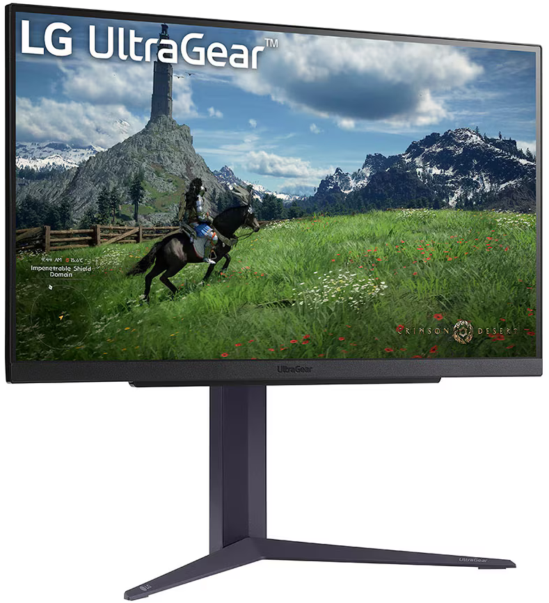 Egy LG UltraGear monitor egy játék jelenetet jelenít meg, fehér háttérrel.