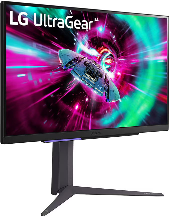 LG UltraGear monitor űrhajó grafikával a képernyőn. Fekete alap és állvány.