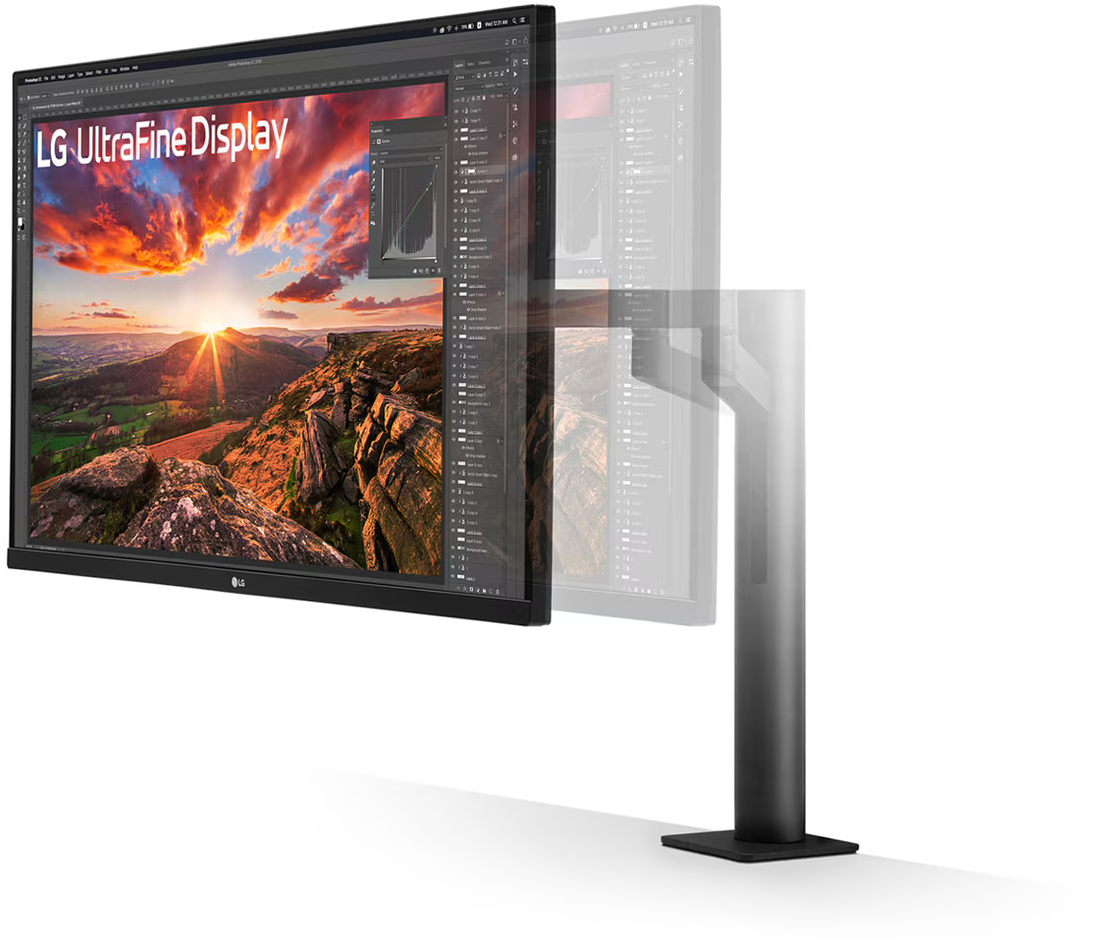 LG UltraFine kijelző állványon, fotószerkesztő szoftver felületét mutatva.