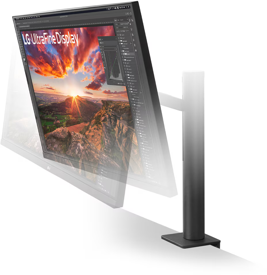 Egy LG monitor. Döntött helyzetben van, és egy tájképet mutat. Egy állvány látható a háttérben.