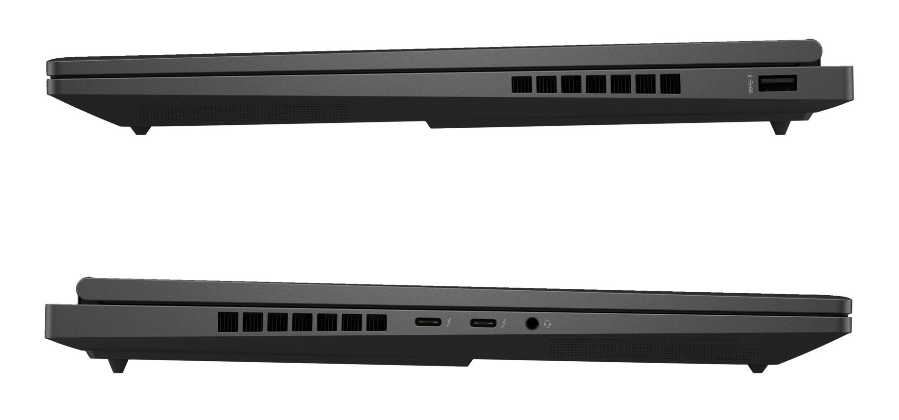 Dwa czarne laptopy, widok z boku, pokazujące porty, otwory wentylacyjne i port ładowania.