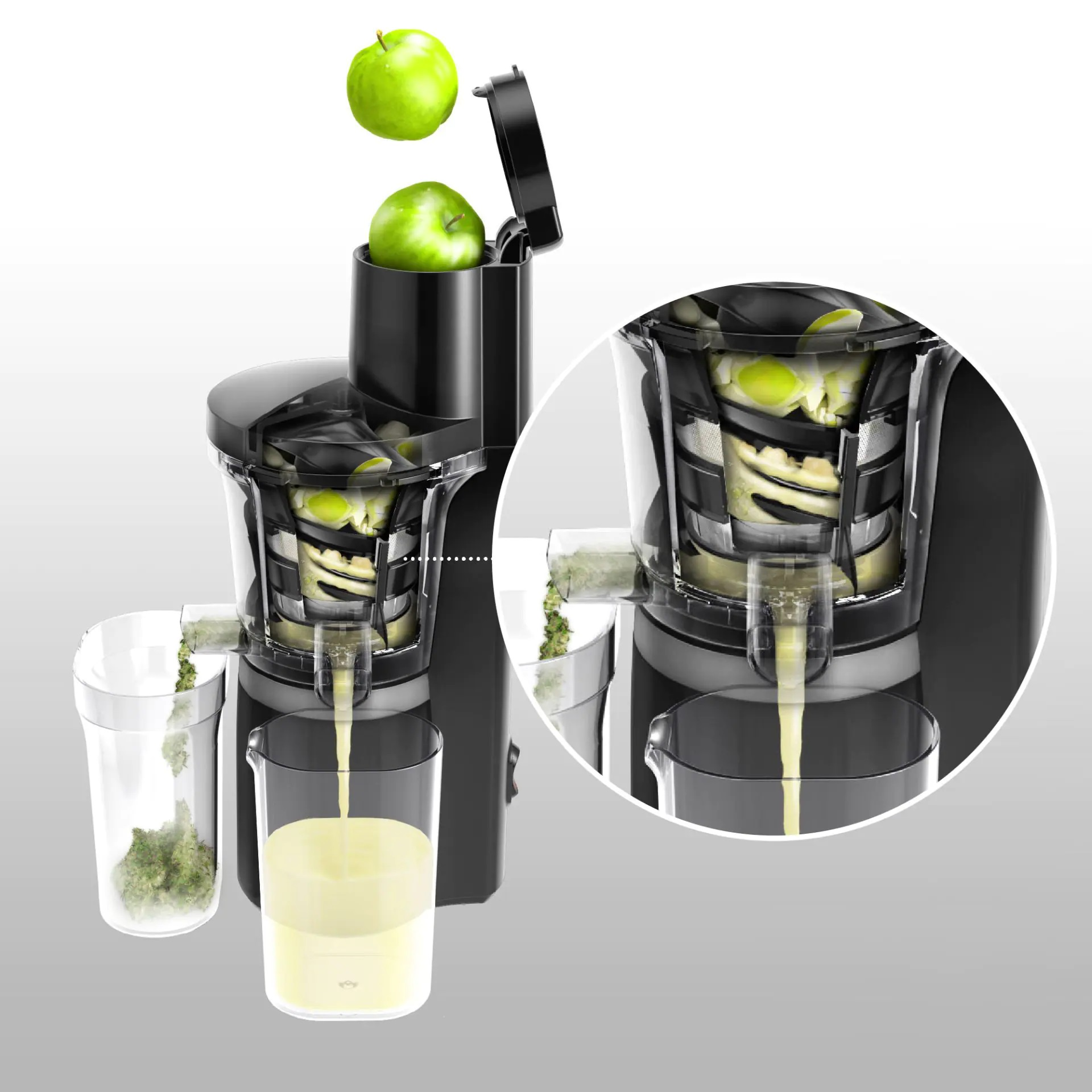 Wyciągarka soku wyciskająca sok z zielonych jabłek, z sokiem w szklance i miąższem w pojemniku.