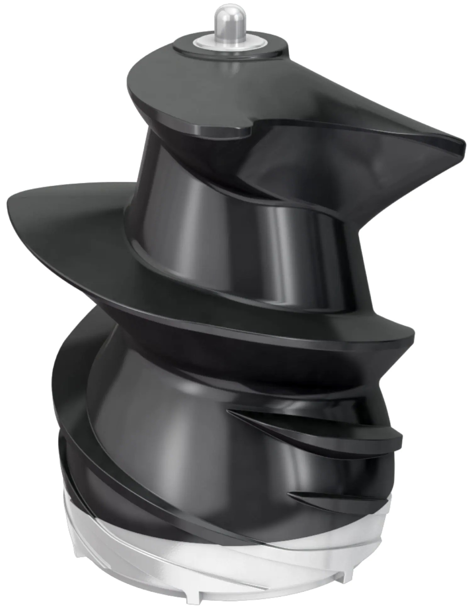 Czarny i srebrny element wyciskarki. Część wykonana jest z tworzywa sztucznego ze spiralą.