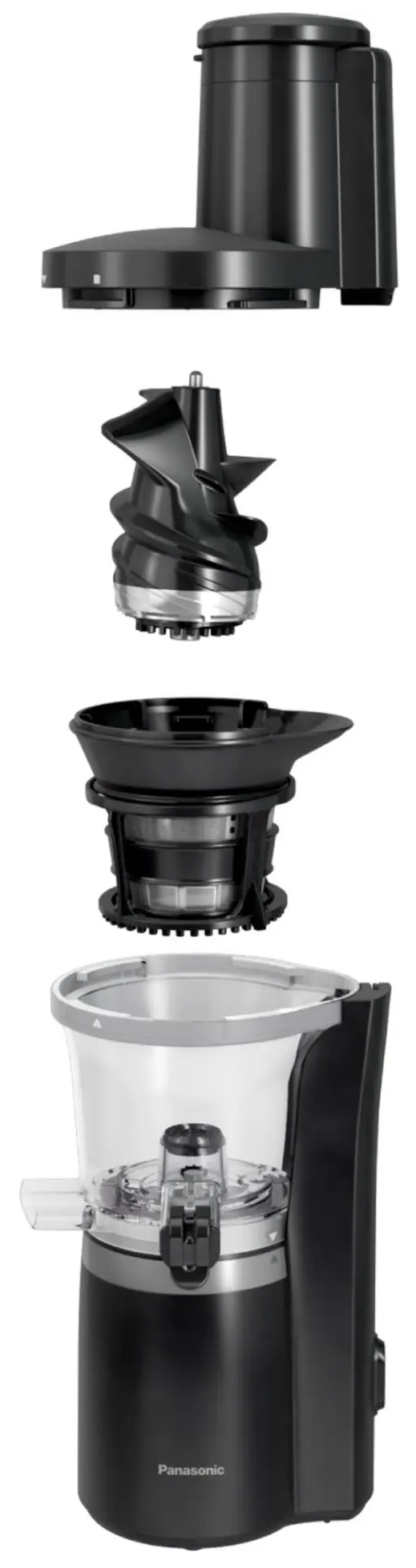 Rozłożone czarne elementy wyciskarki, pokazujące części w układzie pionowym.