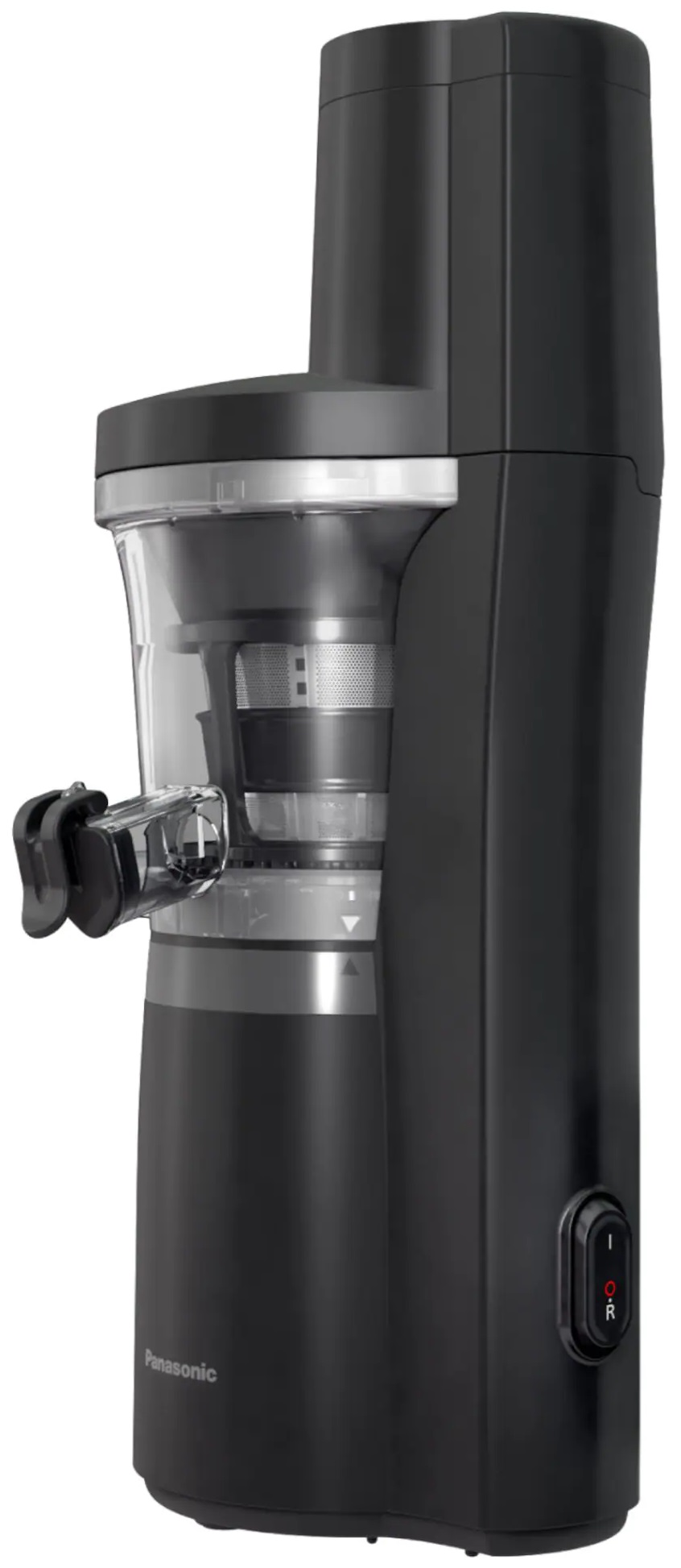 Czarna wyciskarka do soków z przezroczystym pojemnikiem i przyciskiem zasilania.