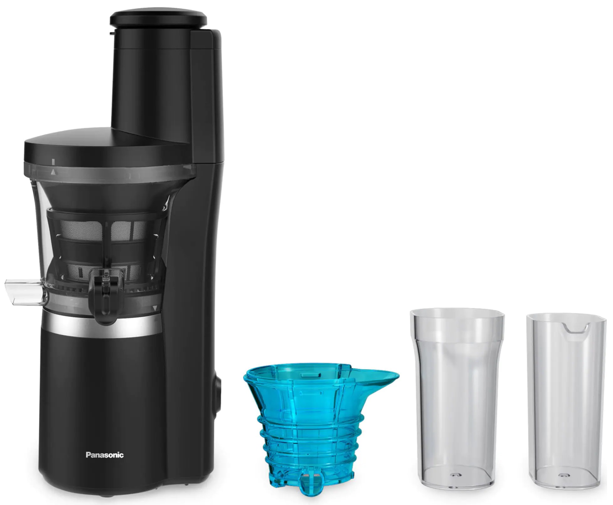 Czarny wyciskacz do soku z akcesoriami. Zawiera wyciskarkę, niebieskie sitko i dwa przezroczyste pojemniki na sok.