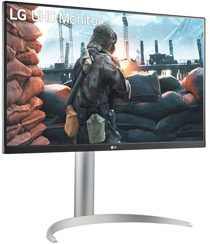 LG monitor háborús jelenettel, ezüst állvánnyal.