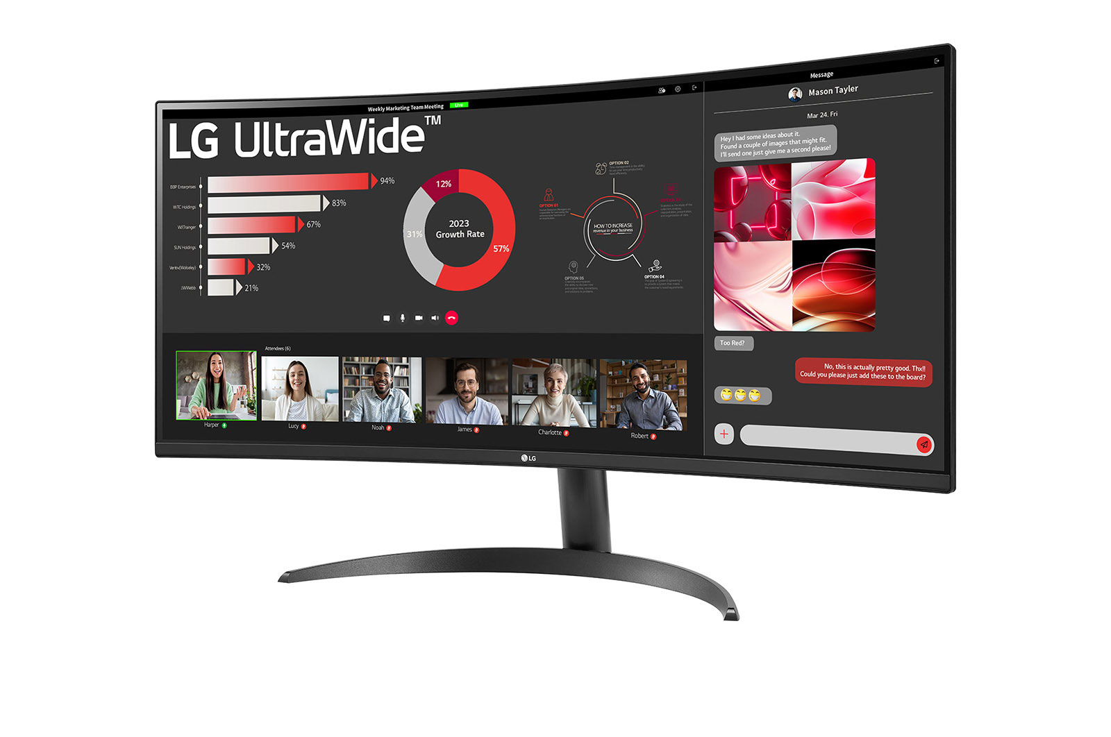 Ívelt ultrawide monitor videokonferenciával és adatábrázolással az asztalon.