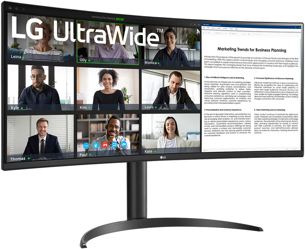 Egy ívelt ultraszéles monitor videokonferenciát jelenít meg több résztvevővel.