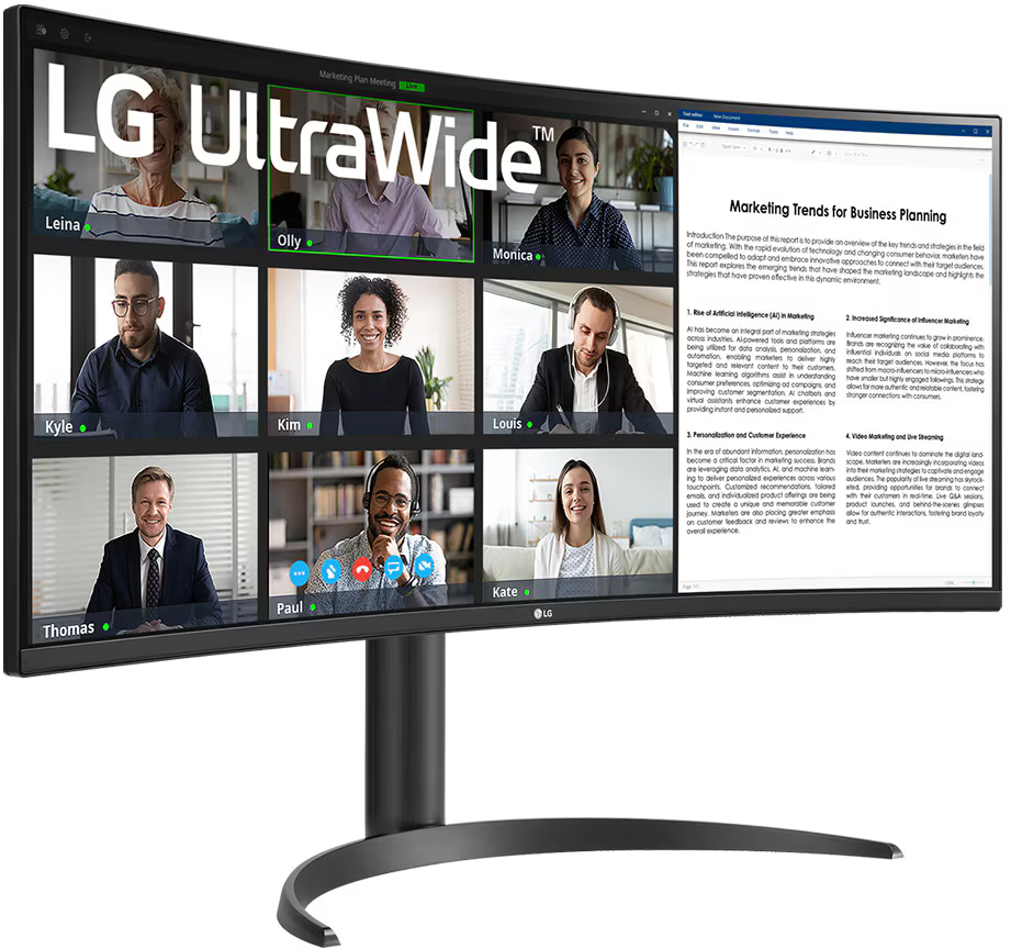 LG UltraWide monitor videokonferenciát mutat, több emberrel.