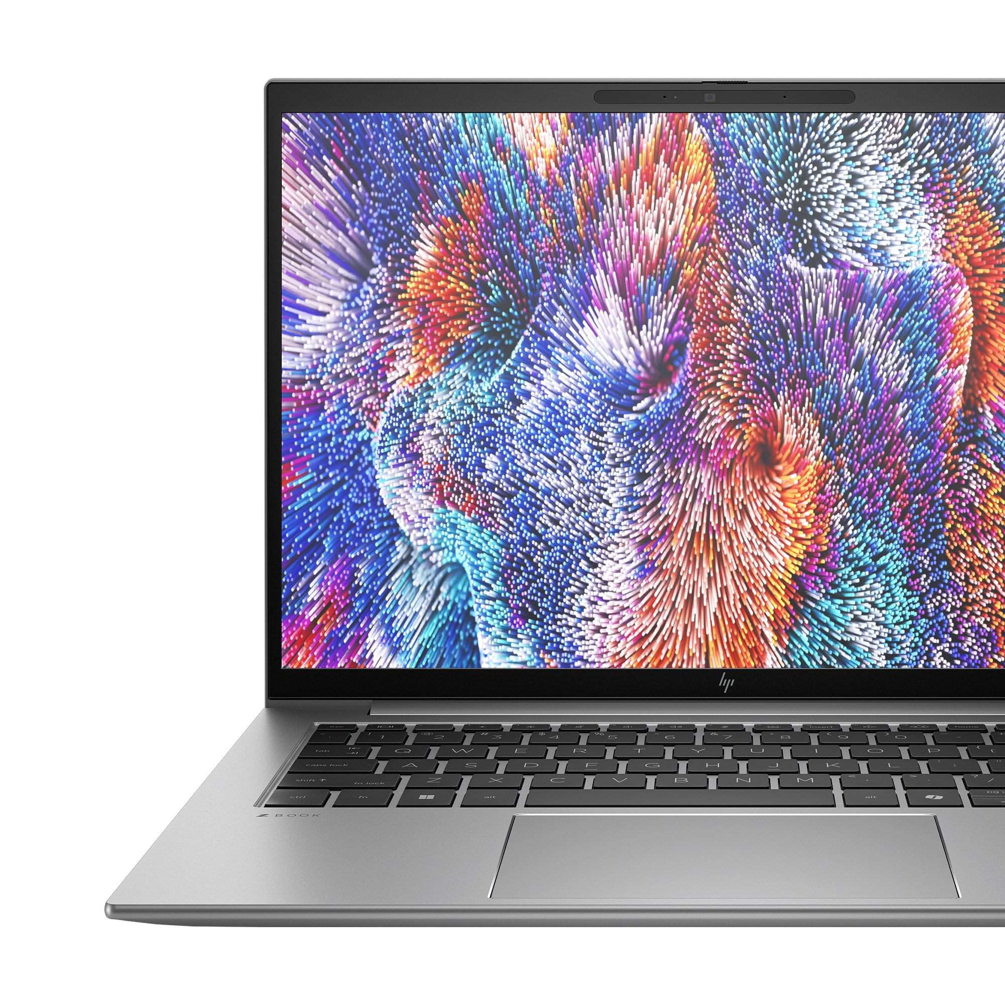 Silberner Laptop mit lebendigem abstraktem Hintergrund auf dem Bildschirm.
