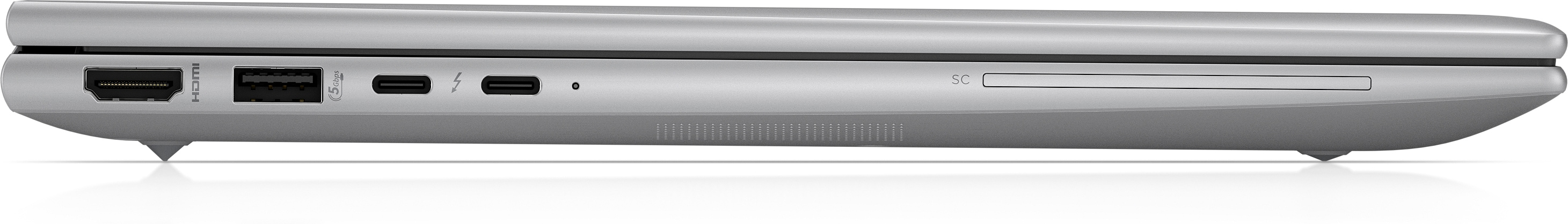Silberner Laptop-Seitenansicht, zeigt Anschlüsse: HDMI, USB und USB-C. SD-Kartensteckplatz.