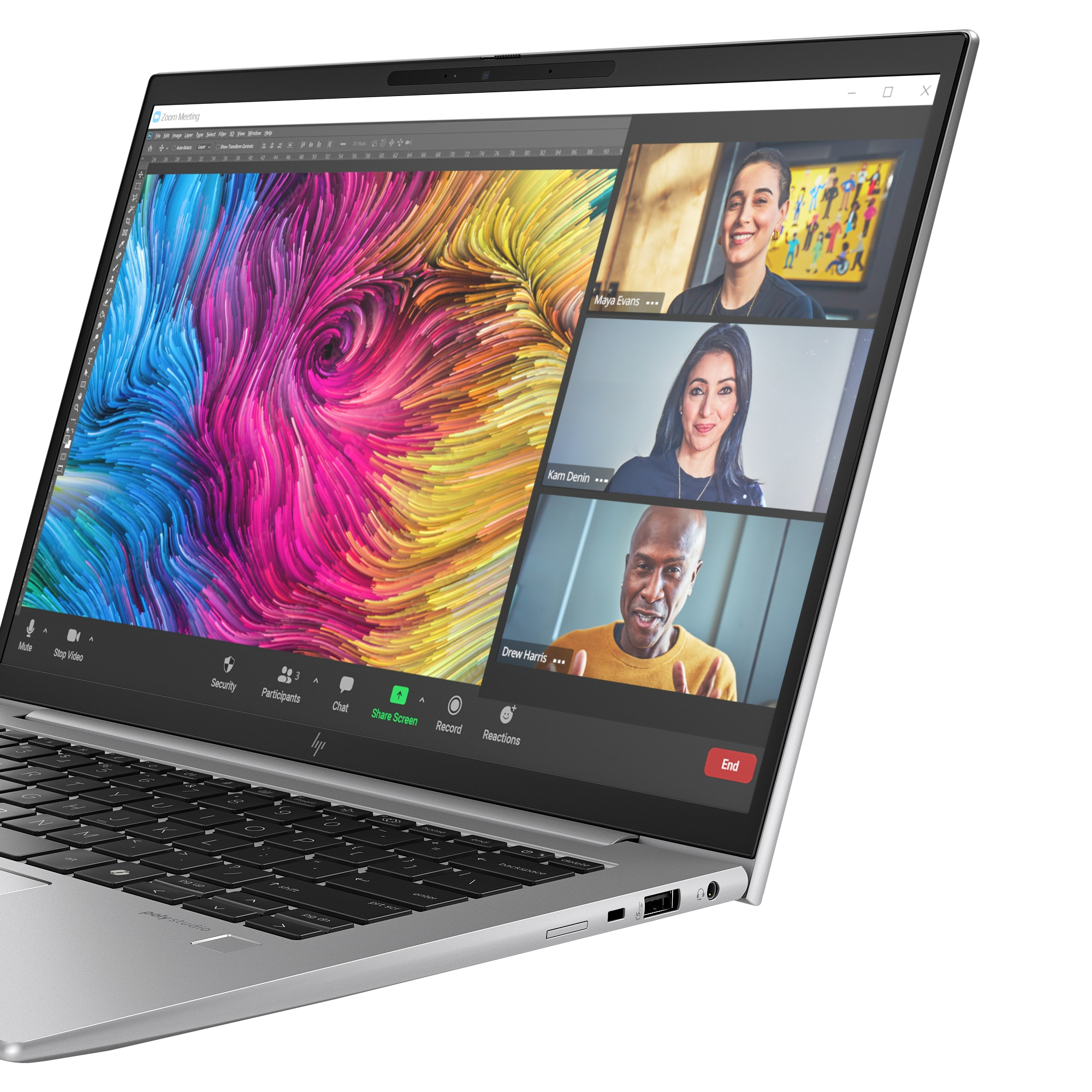 Ein Laptop mit einem Videoanruf auf dem Bildschirm, der drei Personen zeigt.