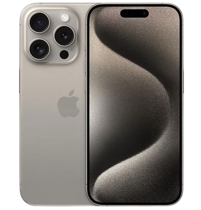 Gümüş iPhone 15 Pro, arka ve ön görünüm. Ekran dalga tasarımına sahip.