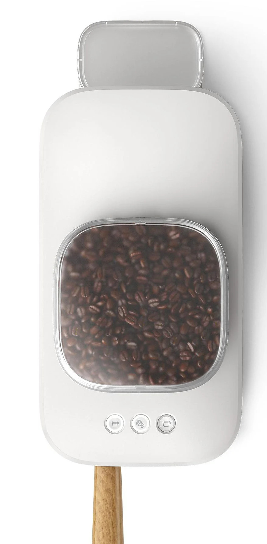 Biały pojemnik na ziarna kawy z ciemnymi ziarnami i trzema przyciskami.