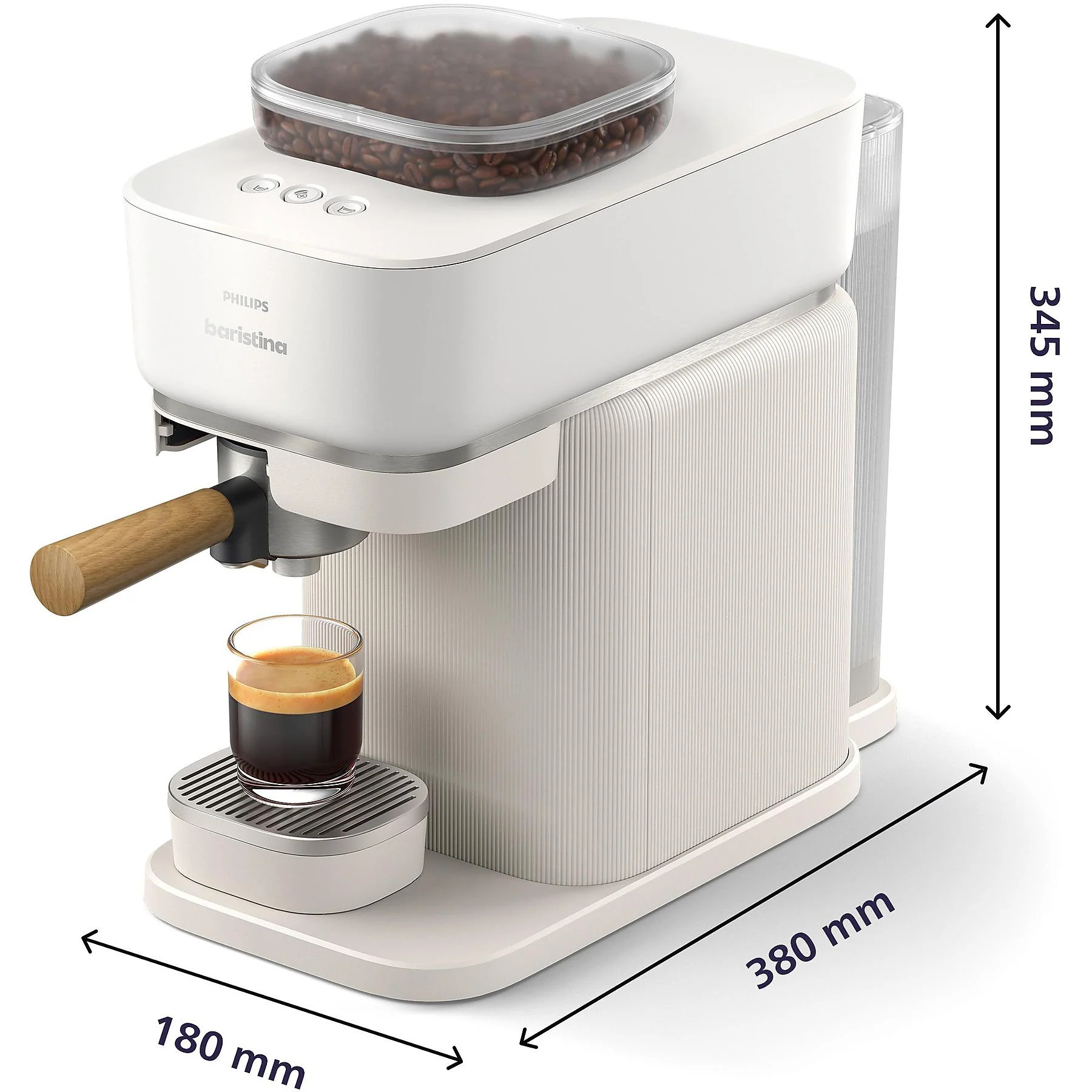 Ekspres do kawy z filiżanką, ziarnami i podanymi wymiarami.