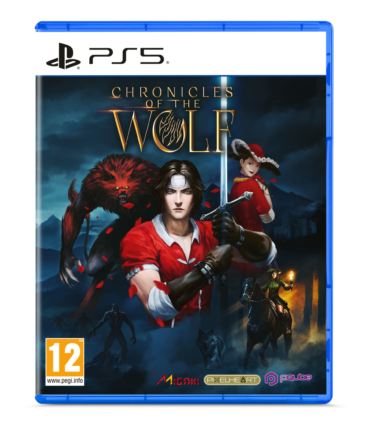 Portada de juego de PS5, un hombre sosteniendo una espada, con un hombre lobo y un castillo.