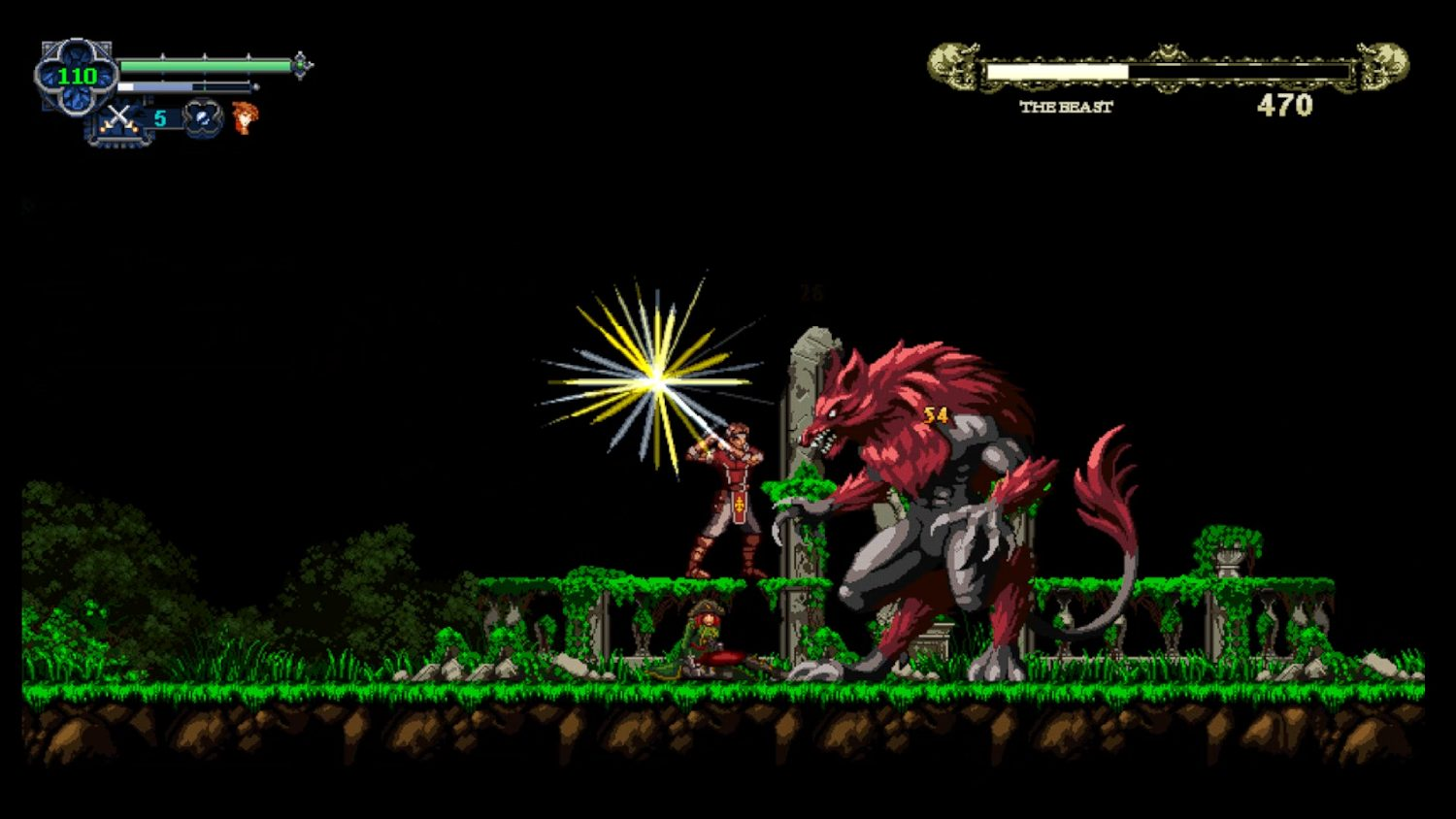 Una escena de juego pixelada con un caballero luchando contra un gran monstruo rojo.