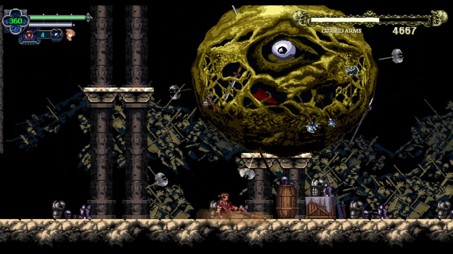 Un personaje lucha en un castillo oscuro. Un gran monstruo con forma de ojo flota atrás.