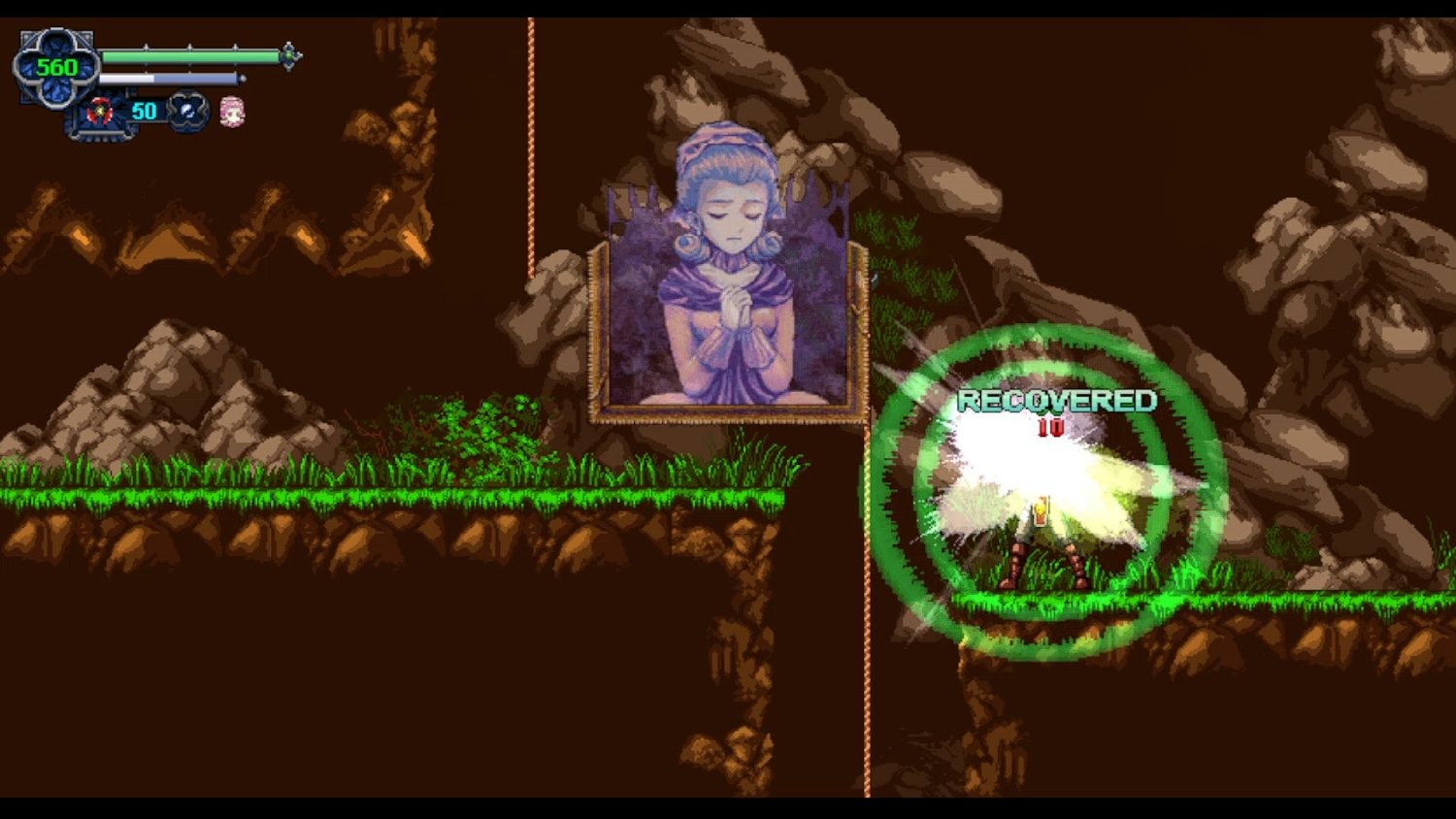 Escena de juego pixelada. Un personaje recupera salud con una imagen de fondo.