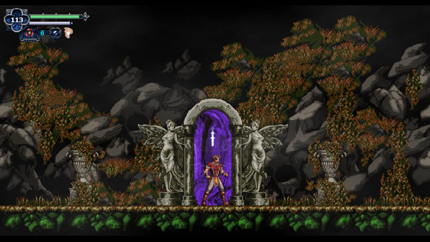 Escena pixelada de videojuego con personaje frente a portal, rodeado de estructuras de piedra.