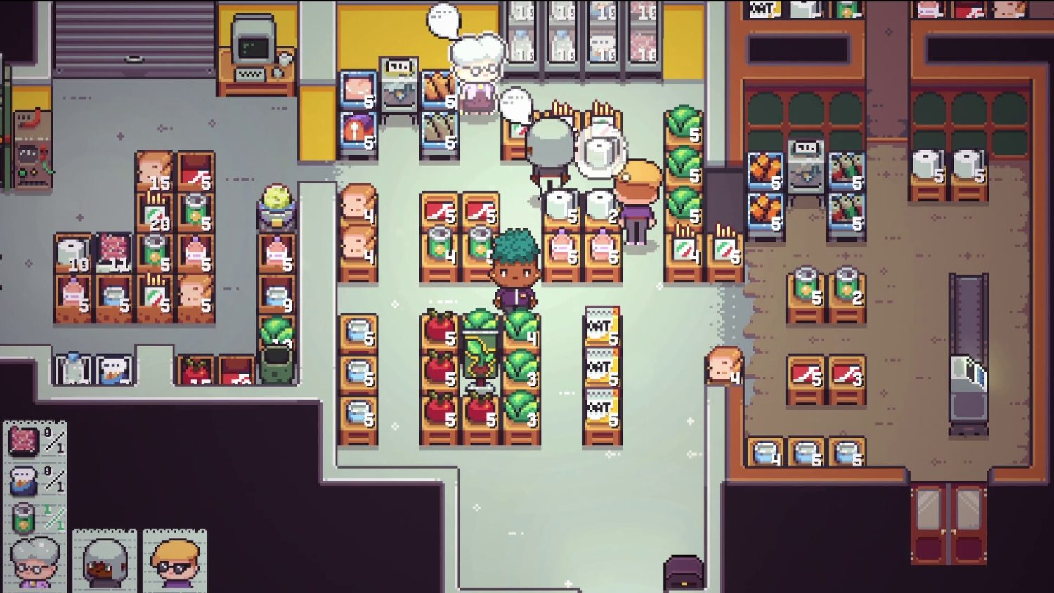 Vista cenital de una tienda de comestibles pixelada con compradores y estantes de productos.