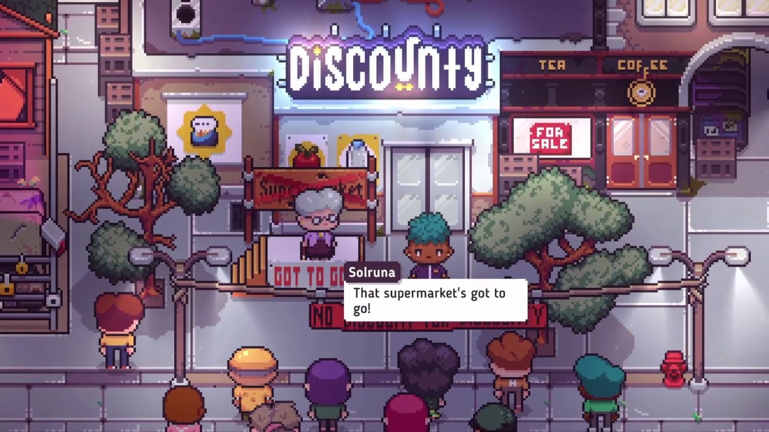 Escena pixelada de un pueblo con personajes y un letrero que dice descuento.