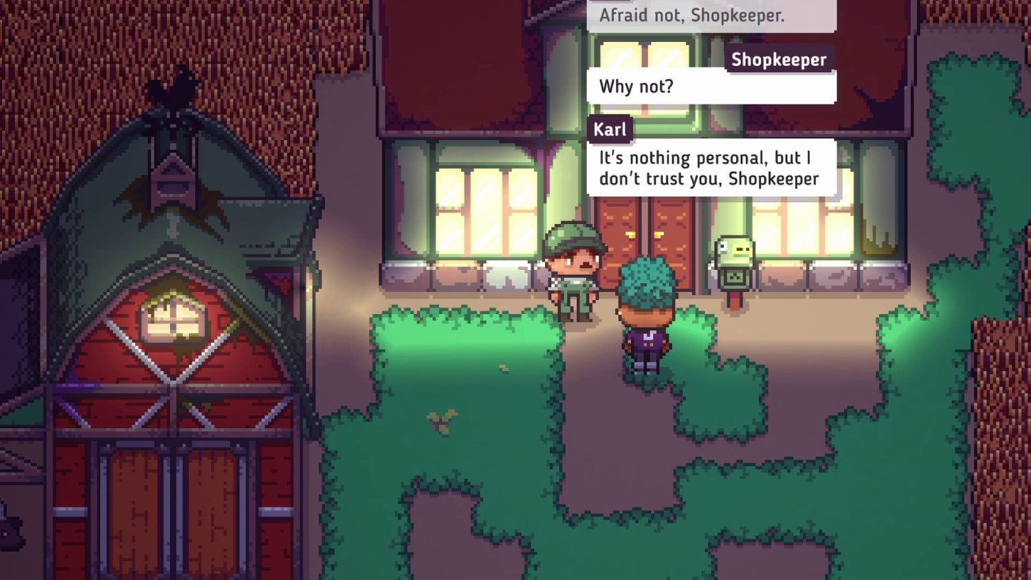 Escena de pixel art. Dos personajes en un pueblo de noche. Globos de diálogo con texto. Un granero en el fondo.