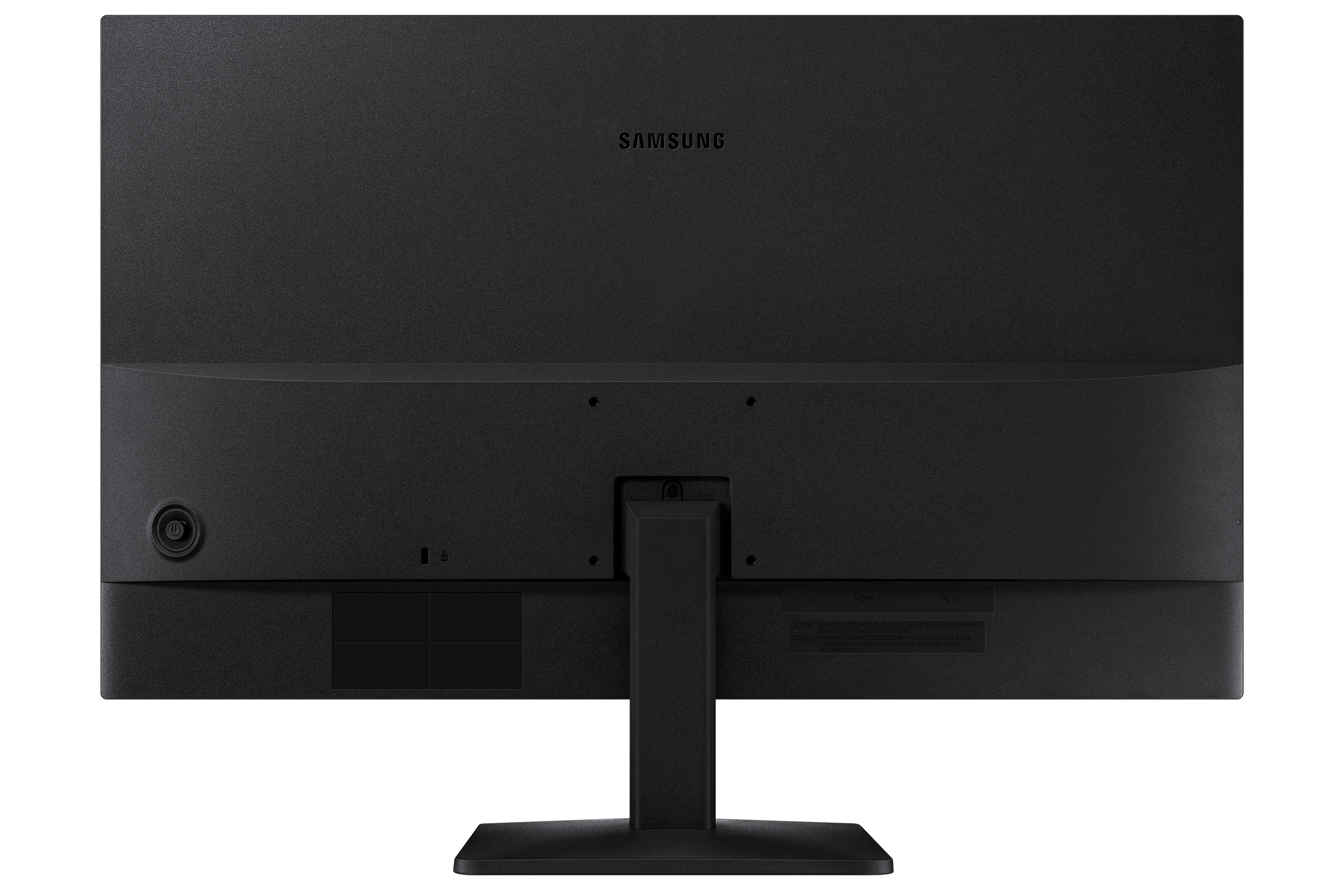 Siyah bir Samsung monitörün arkası, üstte Samsung logosu var.