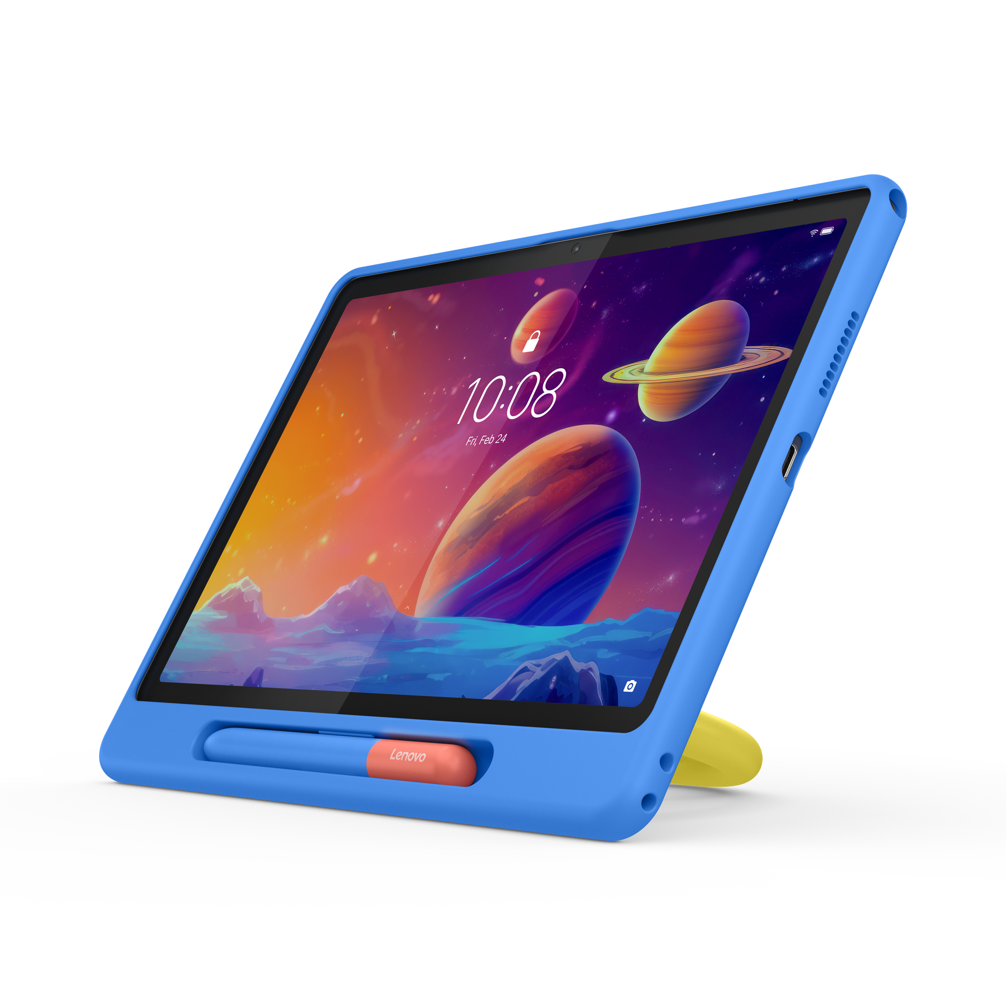 Mavi bir Lenovo tablet, kılıf, kalem ve renkli bir ekran görüntüsü.
