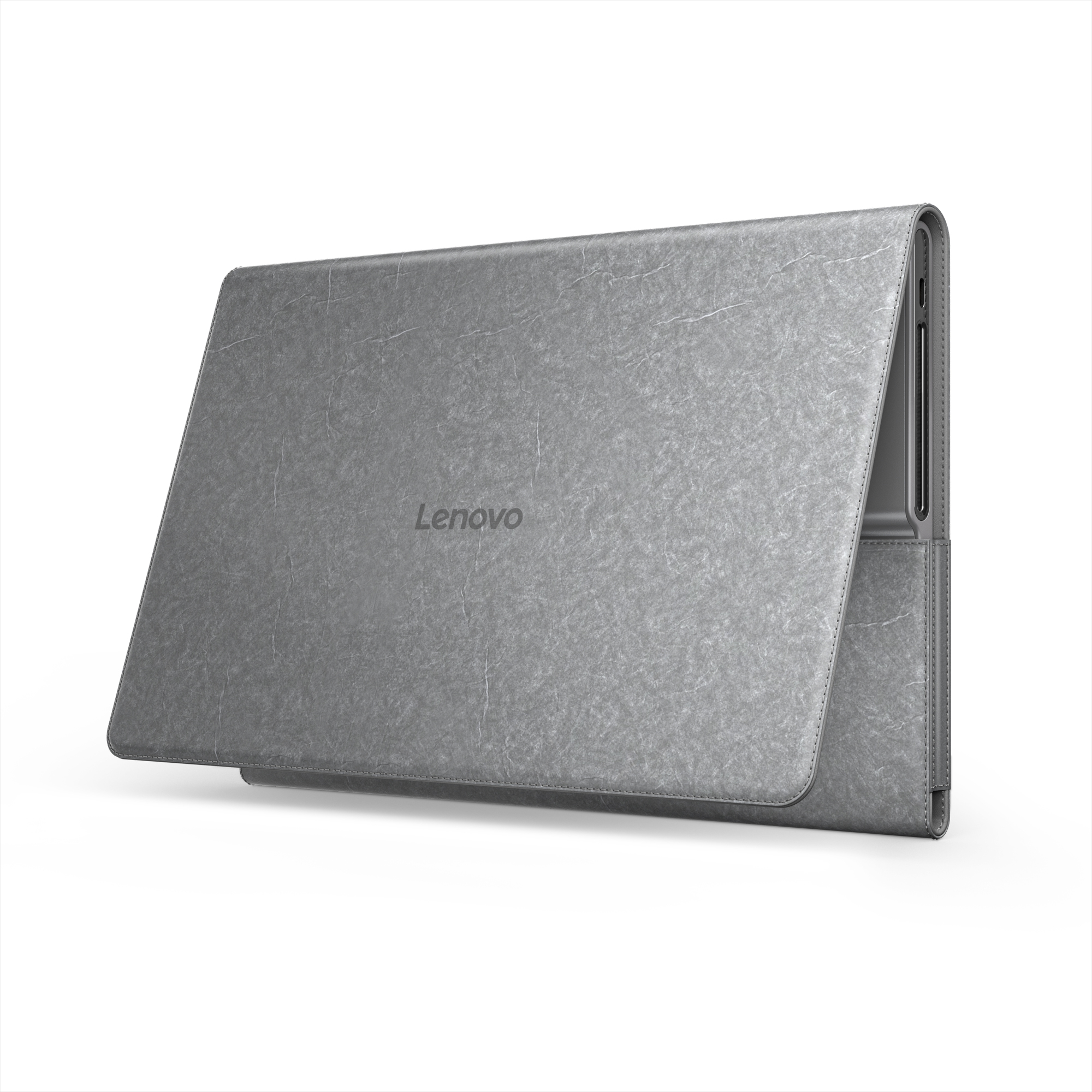 Gri Lenovo tablet kılıfı, deri benzeri doku, bir tableti ortaya çıkarmak için açık. Lenovo logosu görünür.