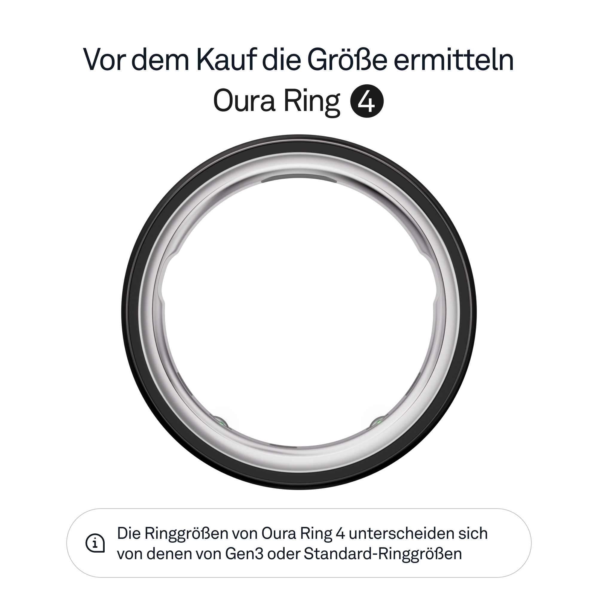 Ein schwarzer Oura-Ring 4 mit silbernem Band. Text: Bestimmen Sie die Größe vor dem Kauf.