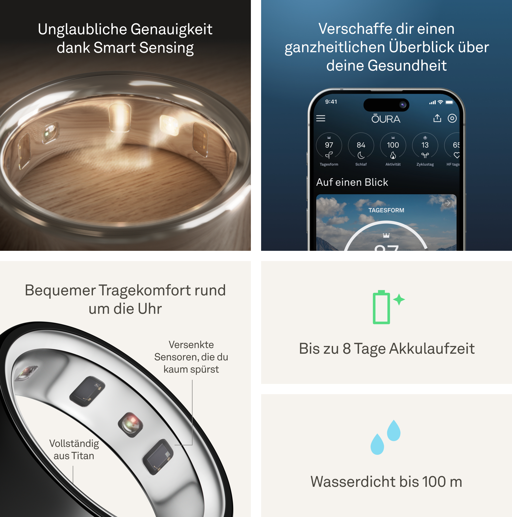 Oura-Ring und zugehörige Grafiken mit Gesundheitsmetriken und Funktionen. Details zeigen Sensoren und Design.