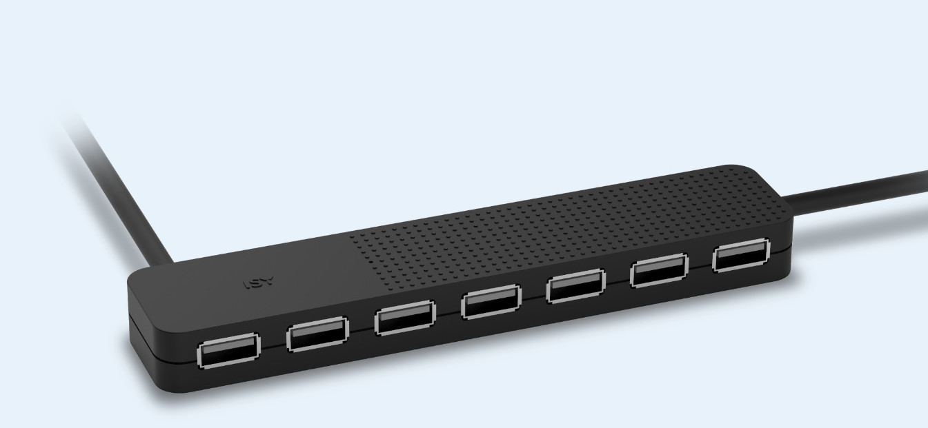 Czarny hub USB z wieloma portami USB na jasnoniebieskim tle.