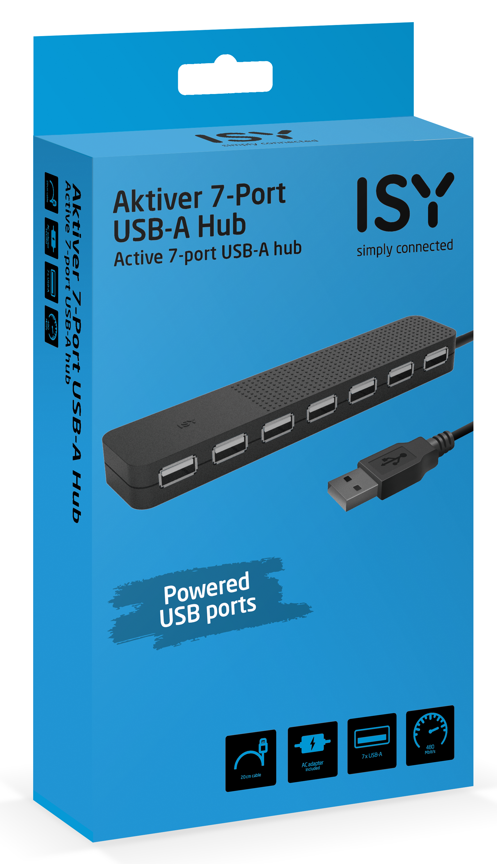 Niebieskie pudełko z 7-portowym koncentratorem USB-A ISY, z widocznym koncentratorem i kablem USB.
