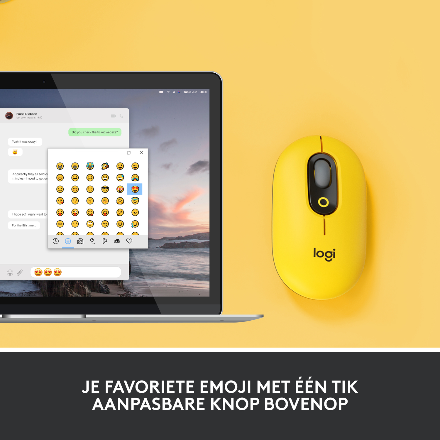 A yellow computer mouse with an open laptop showing emojis.