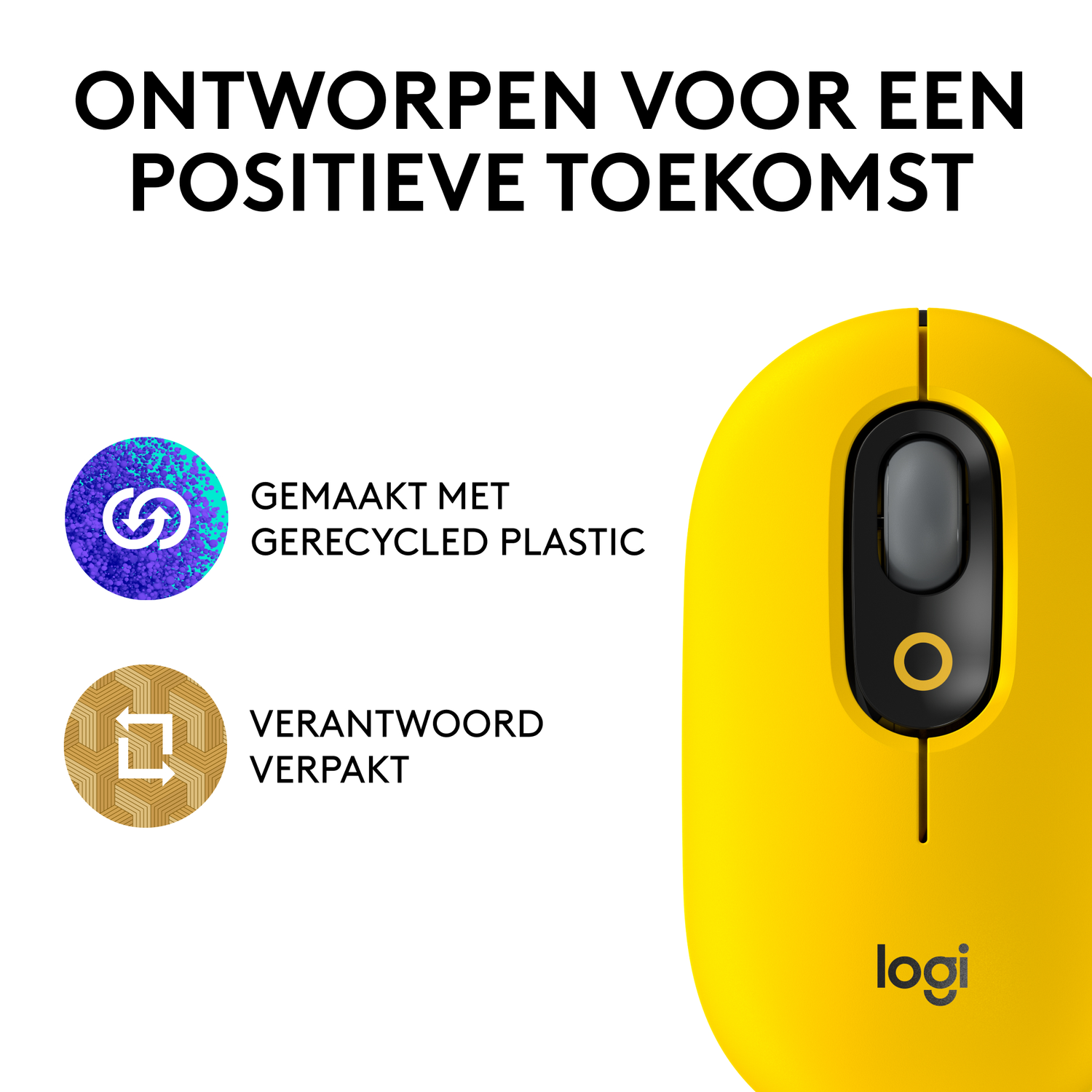 A yellow computer mouse with a description about recycled plastic.