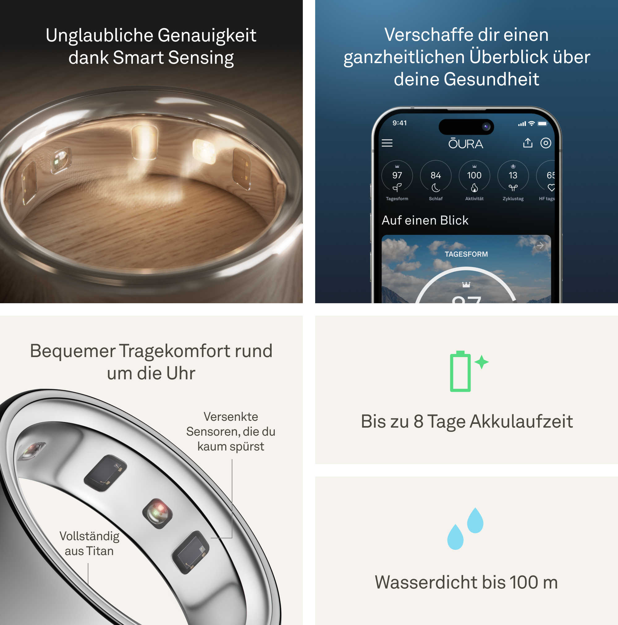 Collage von Bildern des Oura Ring 4, die seine Funktionen, die App und seine Wasserdichtigkeit detailliert darstellen.