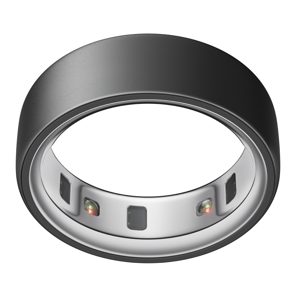 Schwarzer Smart Ring mit silbernem Innenraum. Der Ring hat Sensoren und Lichter innen.