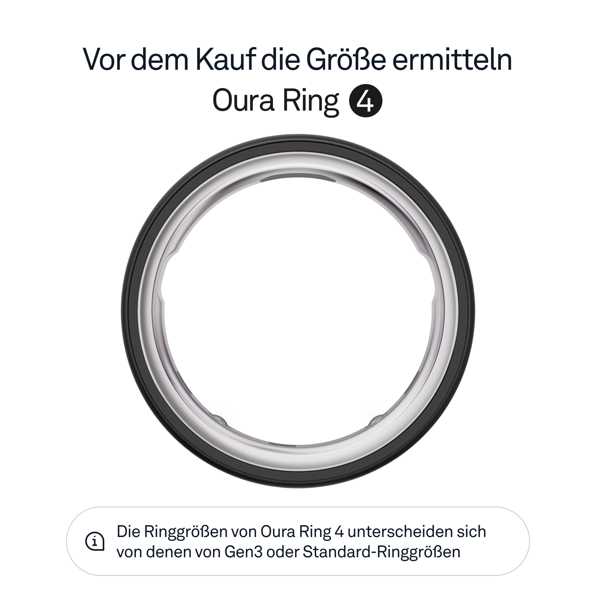 Ein kreisförmiger Oura Ring 4 in Schwarz mit offenem Zentrum, isoliert auf Weiß, mit Text darunter.